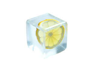 Poster - captivating visual featuring a solitary, translucent ice cube encasing a vibrant lemon slice, radiat