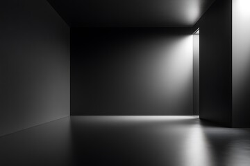 Poster - Abstract Monochromatic Space, Dark Walls, and Bright Lighting on a Shiny Floor