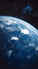 view of blue earth from space with clouds and stars in background