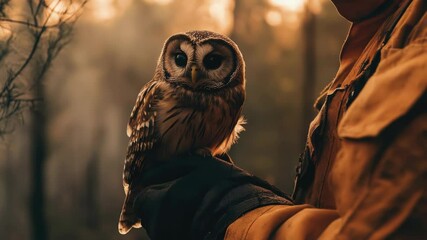 Poster - A person grasping an owl with hands, naturalistic scene