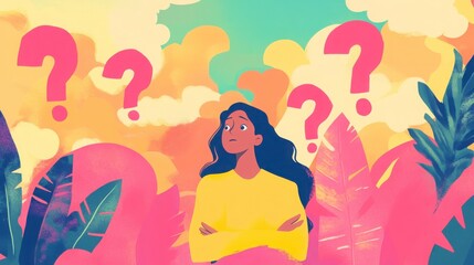 Thoughtful Person Amidst Question Marks And Tropical Foliage