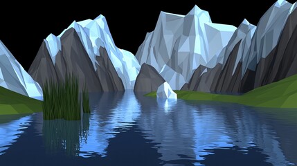 Poster - Serene lake with majestic mountain in the background surrounded by surreal illusionary fields and glowing reflections under soft light