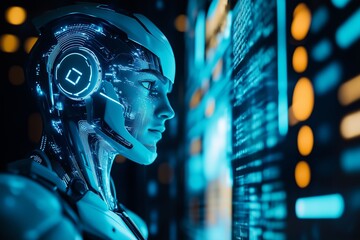 Poster - Cybernetic humanoid looking at glowing screen, digital future vibe