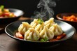 © Jame - Steaming dumplings, vibrant vegetables, elegant presentation, garlic, plate