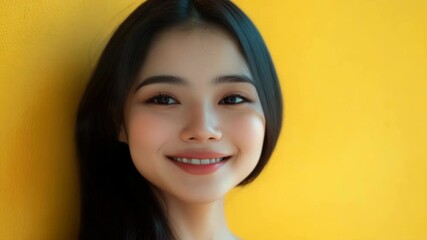 Aufkleber - A woman with long black hair stands against a bright yellow wall, with a simple and elegant pose
