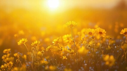 Poster - A serene scene of a yellow flower field bathed in warm sunlight, perfect for use in travel, lifestyle, or nature-focused projects