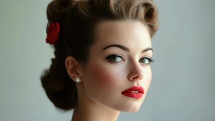Aufkleber - A woman wearing a red rose as a hairpiece, simple and elegant composition