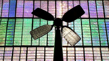 Poster - Wind turbine positioned in front of a stained glass window creating a unique fusion of nature and art in a captivating urban scene