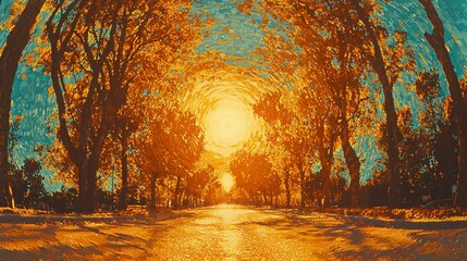 Poster - Scenic road bordered by lush trees and bathed in warm sunlight during golden hour creating a picturesque and serene atmosphere