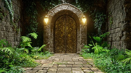 Poster - Captivating stone pathway leading to a doorway in a fantasy world filled with portals and dreamlike cinematic lighting effects