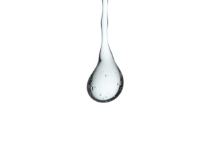 Poster - Detailed Close-up of a Single Translucent Liquid Drop on Neutral Background, Perfect for Visualizing Purity, Clarity, and Scientific Phenomena in Macro Photography