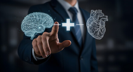 Poster - Man in Navy Suit Touching Digital Brain and Heart Connection Balance Concept