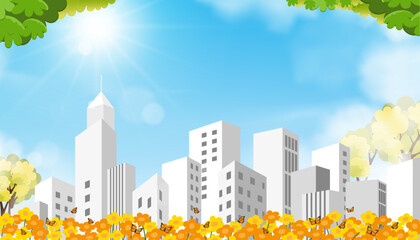 Wall Mural - spring cityscapes with sunlight, blue sky, cloud background,vector cartoon city park in sunny day mo