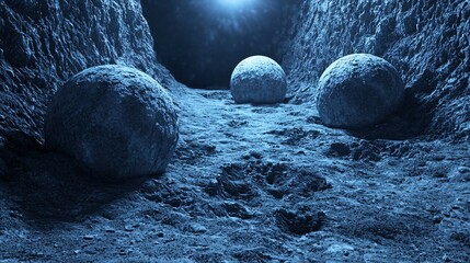 Poster - Enigmatic cave with intricate rocks and a glowing moon casting dramatic shadows in a cosmic time dilation scene