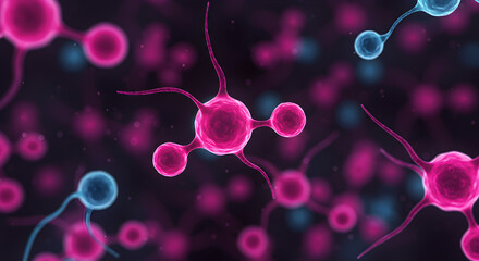 Poster - Abstract Molecular Structures in Pink and Blue Colors on Dark Background Science Concept