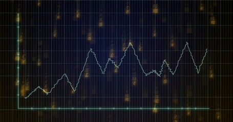 Poster - Teal data line jumping across navy grid, displaying floating currency icons in flat design