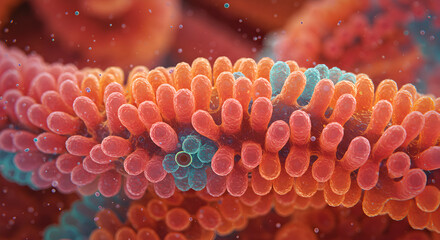 Poster - Detailed Microscopic View of Intestinal Villi Structures in Orange and Teal Colors