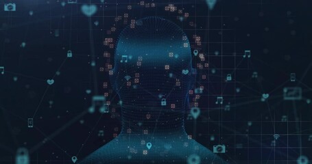 Poster - 3D wireframe human head silhouette floating on dark grid, displaying flowing digital icons around
