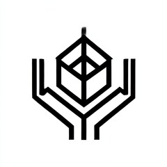 Poster - Abstract Black and White Geometric Logo of a Cube Supported by Tree-Like Forms - Minimalist Design 