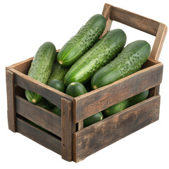 Aufkleber - Rustic wooden crate overflowing with fresh, vibrant green cucumbers on transparent display