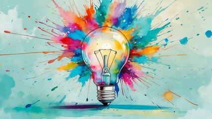 Poster - Creative idea light bulb explodes with vivid watercolors.