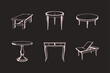 © hafsa01 - Collection of furniture illustrations featuring tables side tables and vintage desks on a black backdrop