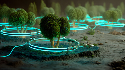 Poster - Cybernetic Forest:  A surreal and futuristic forest scene where trees are connected through glowing rings, creating a unique blend of nature and technology.