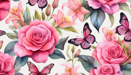 Wall Mural - seamless floral pattern with pink roses lilies and butterflies, watercolor hand painted blo