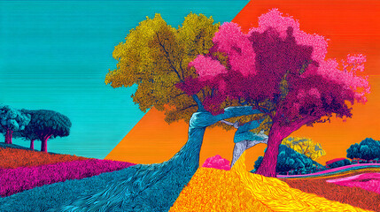 Poster - chromatic trees in vibrant field: a whimsical composition featuring colorful trees and field create 