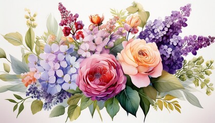 Wall Mural - watercolor floral bouquet. hand painted wildflowers, roses, lilacs, and botanical blooms el