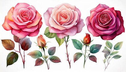 Wall Mural - set roses on isolated white background, watercolor clipart, hand drawing, botanical illustr