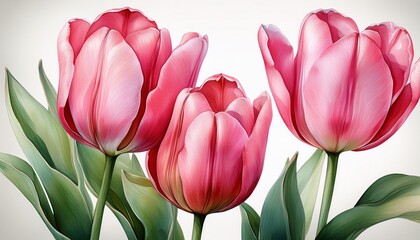 Wall Mural - spring tulips watercolor illustration, realistic botanical artwork. blooming pink tulip flo