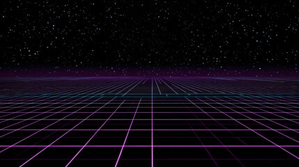 Poster - Retro Grid Landscape: A digital rendering of a futuristic landscape, featuring a grid pattern stretching to the horizon under a starry night sky.