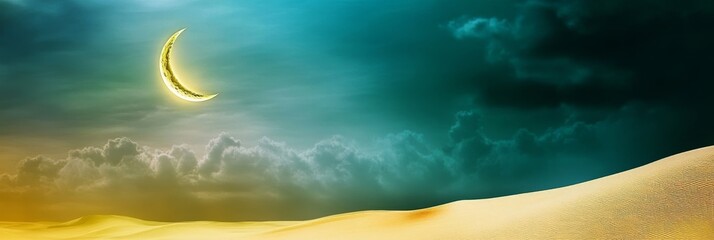 Wall Mural - the sky is dark and cloudy, with a crescent moon shining brightly in the middle. the clouds cover th