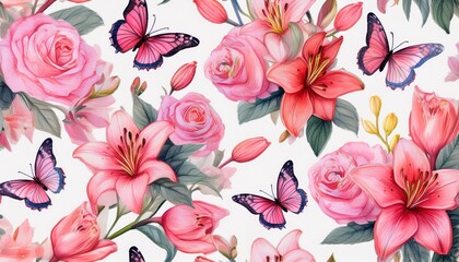 Wall Mural - seamless floral pattern with pink roses lilies and butterflies, watercolor hand painted blo
