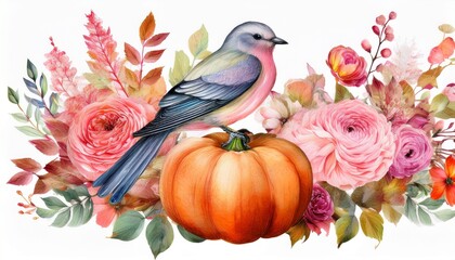 Wall Mural - watercolor pumpkin with bird and pink floral bouquet autumn composition hand painted thanks