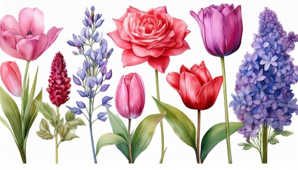 Wall Mural - watercolor floral clipart, botanical flower illustration, pink rose, red tulip, purple lila