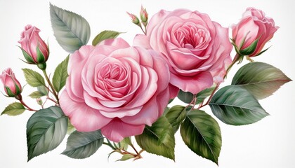 Wall Mural - pink roses isolated white background. watercolor botanical illustration pink flowers, bud,