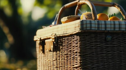 Aufkleber - A wicker basket filled with oranges and fresh bread, perfect for a farmer's market or rustic gift