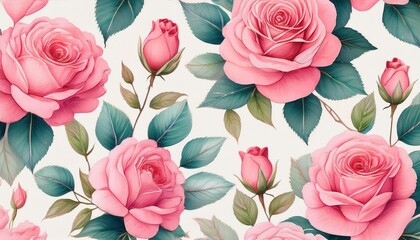 Wall Mural - seamless pattern with pink roses flowers, bud and leaves watercolor flora background. beaut