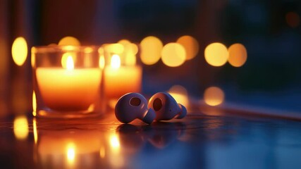 Poster - A pair of earbuds sits next to a lit candle, ready for use or decoration