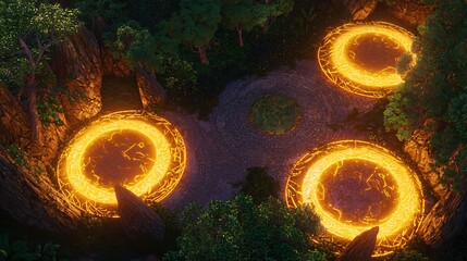 Poster - Enchanting forest scene featuring a warm fire surrounded by ancient trees evoking a sense of adventure in a fantasy world