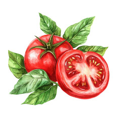 Aufkleber - Watercolor illustration of ripe tomatoes and basil leaves on transparent surface evoking natural freshness