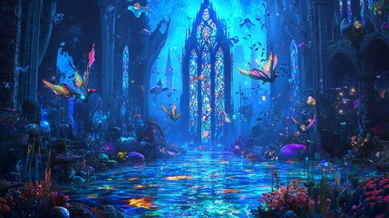 Poster - enchanting fantasy city with surreal architecture and stained-glass oceans creating a dreamlike atmo