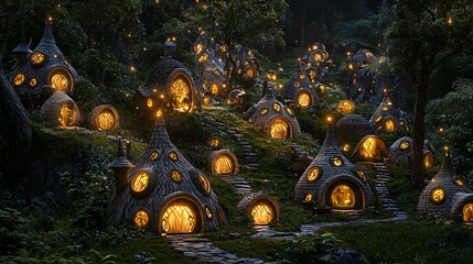 Poster - Enchanted forest abundant with charming houses hidden amongst the lush greenery creating a whimsical fantasy world for exploration