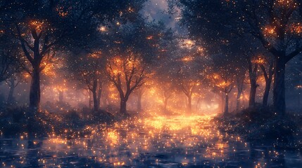 Poster - Enchanting forest scene filled with fireflies creating a magical atmosphere of light and wonder in a serene outdoor setting