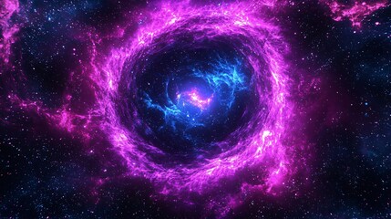 Poster - Mystical purple nebula featuring a bright blue center captured using neon glow effect and fisheye lens for an enchanting cosmic view