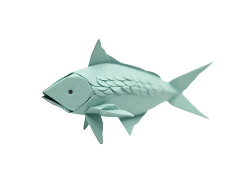 Intricate origami fish, gracefully folded with precision, showcasing delicate paper craftsmanship in a minimalist composition, symbolising creativity and artistry