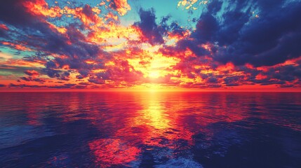 Poster - Breathtaking sunset over the ocean with ethereal light casting dramatic shadows and illuminating the sea in a vibrant display