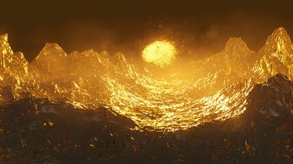 Poster - Breathtaking illustration of a mountain surrounded by a captivating fire burning in the middle with soft light and diffused atmosphere